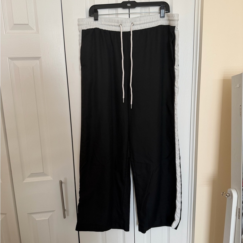 Womens Drawstring Black Pants with Side Stripes, Wide Leg